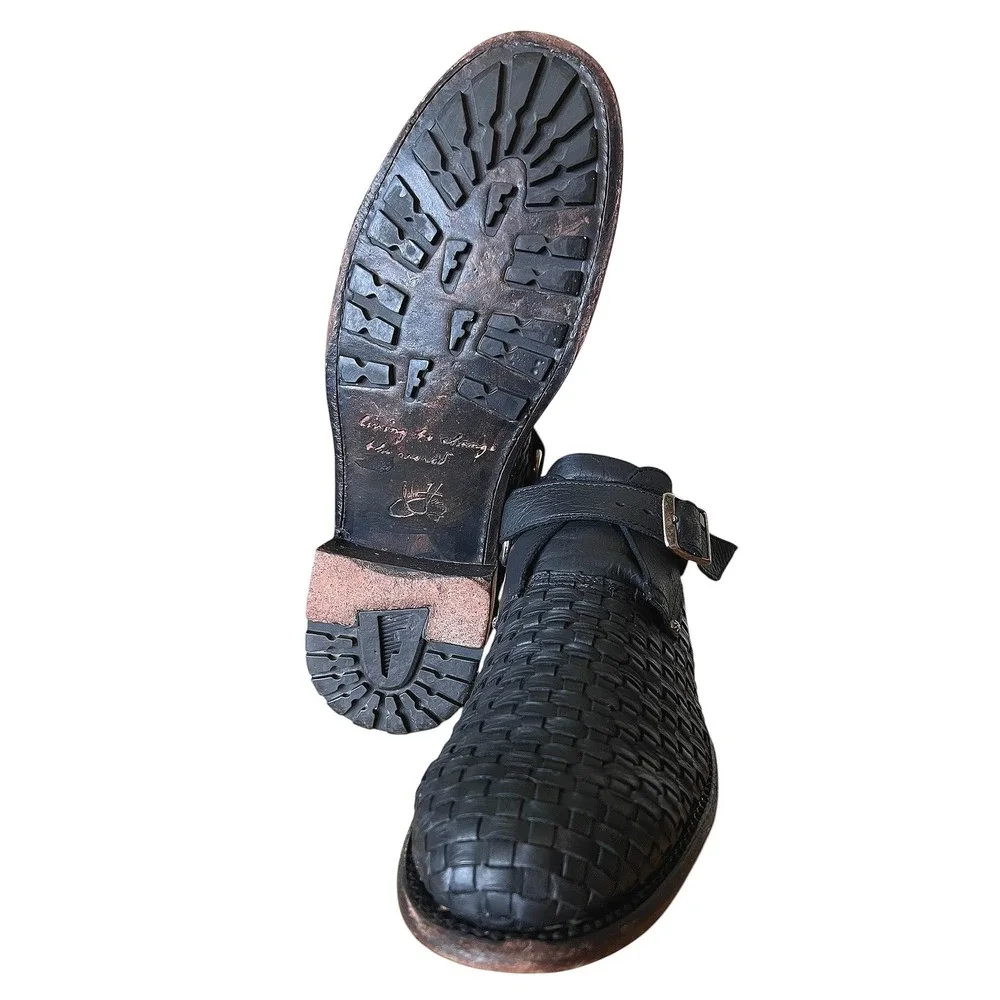 John Fluevog Ayn Black Woven Leather Monk Strap Shoes Low Block Heel Womens 10W